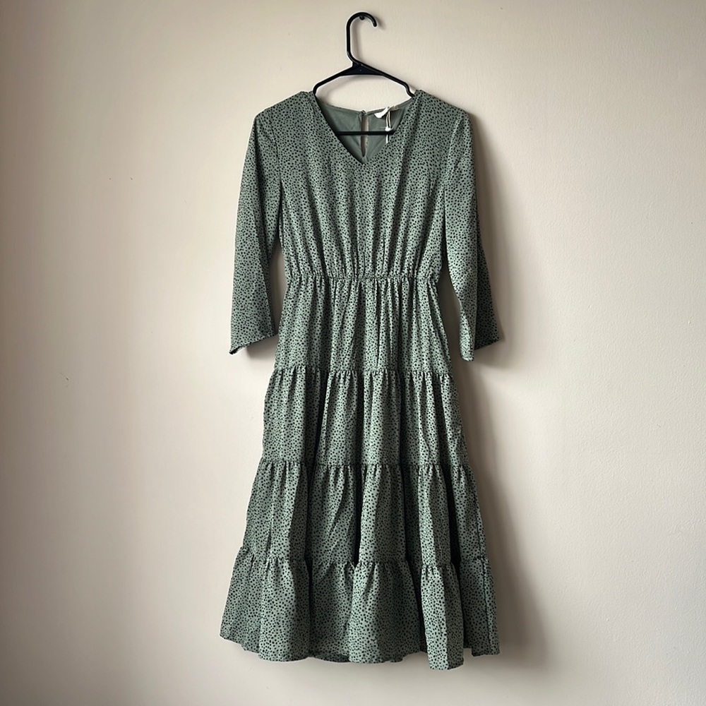 Green Polka Dot Midi Tiered Dress